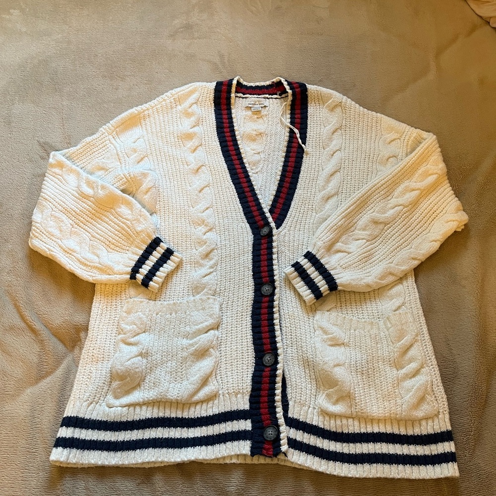 American Eagle Outfitters Cream Cable Knit Cardigan with Black and Red Trim